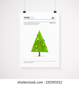 A4 / A3 format poster minimal abstract christmas tree design with your text, paper clips and shadow Eps 10 stock vector illustration 