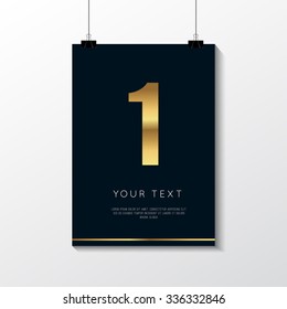 A4 / A3 format poster minimal  abstract colorful Number 1 Gold Luxury design with your text, paper clips and shadow EPS 10 stock vector illustration 
