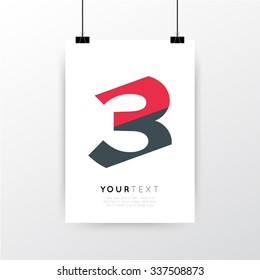 A4 / A3 format poster minimal abstract Number 3 design with your text, paper clips and shadow EPS 10 stock vector illustration 