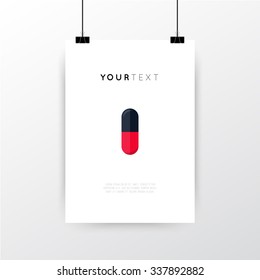 A4 / A3 format poster minimal abstract Pill design with your text, paper clips and shadow EPS 10 stock vector illustration 