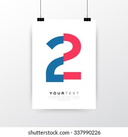 A4 / A3 format poster minimal abstract Number 2 design with your text, paper clips and shadow EPS 10 stock vector illustration 
