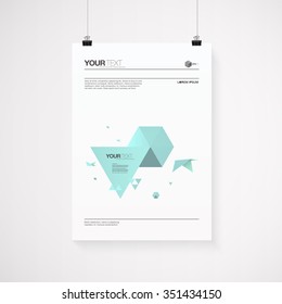 A4 / A3 format poster minimal abstract 3d origami world with bird and triangles with your text, paper clips and shadow  Eps 10 stock vector illustration 