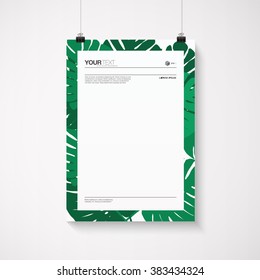 A4 / A3 format poster minimal abstract design with exotic green palm leaves, your text, paper clips and shadow  Eps 10 stock vector illustration 