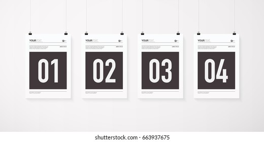 A4 / A3 format poster minimal abstract design set with your text, paper clips and shadow Eps 10 stock vector illustration 