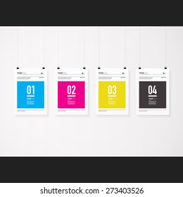 A4 / A3 format posters minimal abstract CMYK design with your text, numbers, paper clips and shadow Eps 10 stock vector illustration 