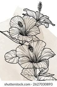 A4, A3, Hibiscus bouquet vector hand drawn illustration. Art print with elegant black flower on a watercolor splatter. Highly detailed and high quality graphic asset for online and print. 