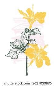 A4, A3 Hibiscus line art vector hand drawn illustration. Art print with yellow and green summer flowers and a pink sketch mark. Highly detailed and high quality graphic asset for online and print.