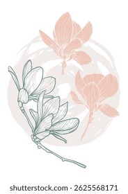 A4, A3 magnolias line art vector hand drawn illustration. Art print with beige spring flowers and a sketch circle. Highly detailed and high quality graphic asset for online and print.