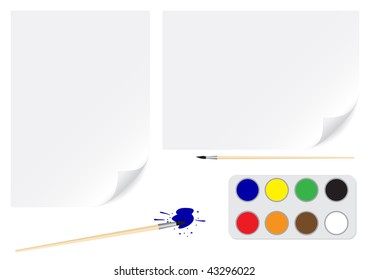 A4 and a3 papers background and paintbrush for drawing isolated on white