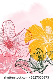 A4, A3, Vector de ramo de peonía ilustración dibujada a mano. Impresión de arte con flor de hibisco elegante florece en una salpicadura de acuarela rosa. Activo gráfico altamente detallado y de alta calidad para impresión y en línea. 