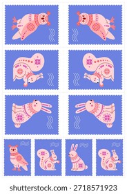 A4, A3-Bogen mit dekorativen Briefmarken im Einklang mit skandinavischen Volksmotiven von Waldtieren: Eulen, Hasen, Eichhörnchen, geometrische Muster von Schneeflocken, druckbare Ornamente. Vektorgeschenkverpackung.