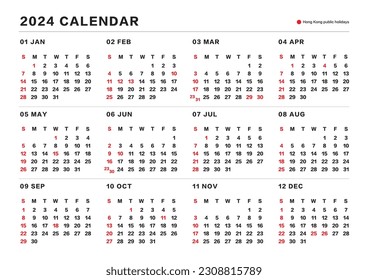 Planilla de calendario mensual de tamaño horizontal A4 a A3 con fecha de 2024 hong kong con días festivos. calendario de oficina simple. planificación y planificación. 