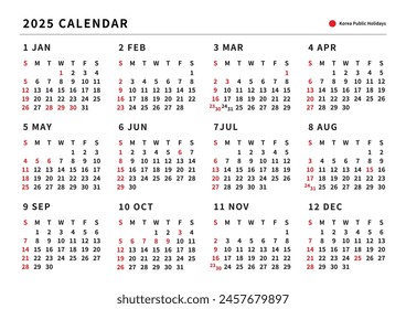 A4 a A3 tamaño Horizontal listo para imprimir 2025 Corea calendario mensual Plantilla con días festivos. calendario de oficina simple. calendario y planificadores.