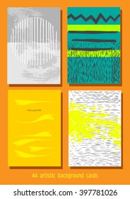 A4 artistic bright painted cards. Vector hand drawn set. Abstract background collection. Abstract brush strokes, doodles and geometrical elements design. 