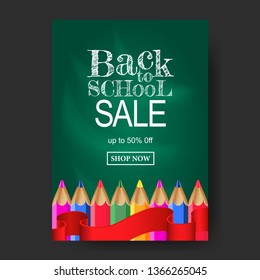 A4 Back to school sale offer banner texture with stationary group pencil color with red ribbon with green chalkboard background