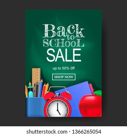 A4 Back to school sale offer banner texture with stationary pencil case, notebook, apple, clock, with green chalkboard background