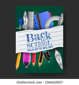 A4 Back to school sale offer banner ink on the paper texture with stationary pencil, compass, notebook, pen, scissors with green chalkboard background
