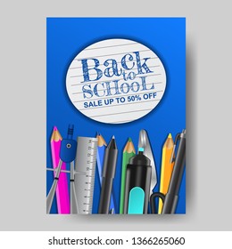 A4 Back to school sale offer banner ink on the paper texture with stationary pencil, scissors, compass, ruler,