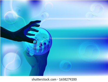 A4 banner, magic crystal ball in dark skin hand, blue light, electric discharges and lightning, mystical illustration, gift from man to man