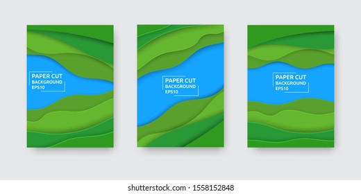 A4 banner set in paper cut art style. Collection of calm, eco friendly backgrounds. Fluid geometric corporate posters. Design layout for card, broucheru, poster, flyer. Pattern Vector illustration.