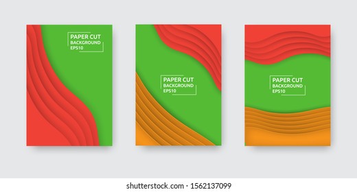 A4 banner set in paper cut art style. Collection of fluid geometric posters with colorful waves. Design background for card, broucheru, book, poster, presentation, flyer. Modern vector illustration.