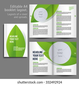 A4 book  Layout Design Template with Cover and 2 spreads of Contents Preview. For design magazines, books, annual reports. ECO style  and green colors.