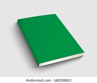 A4 book mock up with green cover. Blank journal template design. Textbook with copy space. 3d vector illustration.