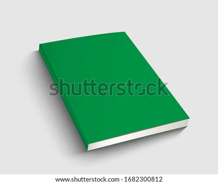 A4 book mock up with green cover. Blank journal template design. Textbook with copy space. 3d vector illustration.