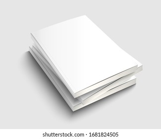 A4 book stack mock up with white cover. Blank journal template design. Textbook with copy space. 3d vector illustration.
