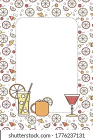 A4 Border frame copy space illustration. Cocktail glasses high ball martini margarita shot Moscow mule mug. For card, poster, invitation or restaurant menu for beach party event, wallpaper or textile