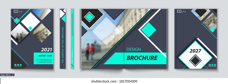 A4 brochure business cover design. People walk around the city. catalog, magazine layout. Printed product, booklet, album. Text, font, city. White line advertising, turquoise rhombus shape, logo icon
