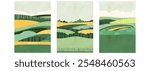 A4 brochure cover with abstract geometric design, aerial view farmland, vineyards, rice, rural landscapes. Green countryside, forest, agricultural field create a textured, vibrant flat illustration