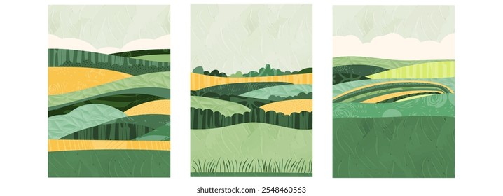 Cubierta del folleto A4 con diseño geométrico abstracto, tierras de cultivo de vista Aéreas, viñedos, arroz, paisajes rurales. El campo verde, el bosque, el campo agrícola crean una ilustración plana texturizada y vibrante