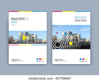 A4 brochure cover design. Abstract round, triangle parts. Art text frame surface. Urban city view title sheet model. Creative vector front page. Ad banner form texture. House figure icon. Flyer fiber