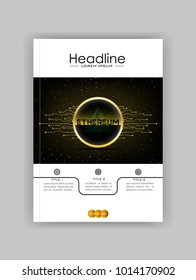 A4 brochure cover design. Ad banner for financial report. Ethereum text coin cryptocurrency blockchain. Yellow black background with futuristic lines and space theme. Text frame surface. Vector. 