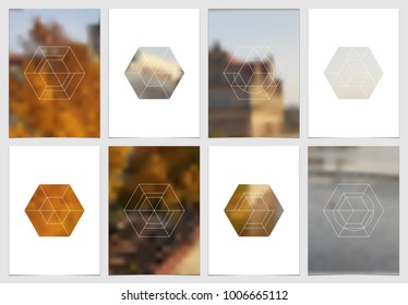 A4 brochure cover design with geometric shapes and masks in modern minimalistic style. Creative flyer template, annual report, leaflet, magazine cover or poster. Vector blank layout. Hexagonal figures