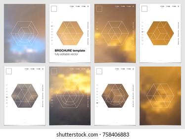 A4 brochure cover design with geometric shapes and masks in modern minimalistic style. Creative flyer template, annual report, leaflet, magazine cover or poster. Vector website page. Hexagonal figures