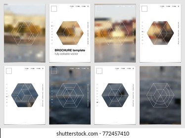 A4 brochure cover design with geometric shapes and masks in modern minimalistic style. Creative flyer template, annual report, leaflet, magazine cover or poster. Vector website page. Hexagonal figures