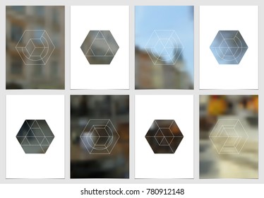 A4 brochure cover design with geometric shapes and masks in modern minimalistic style. Creative flyer template, annual report, leaflet, magazine cover or poster. Vector blank layout. Hexagonal figures
