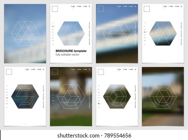 A4 brochure cover design with geometric shapes and masks in modern minimalistic style. Creative flyer template, annual report, leaflet, magazine cover or poster. Vector website page. Hexagonal figures
