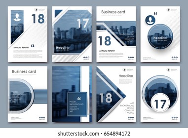 A4 brochure cover design. Graphic mockup for banner, business card, title sheet model set, info flyer, ad text font. Modern vector front page art with urban city river bridge. Round, square frame icon