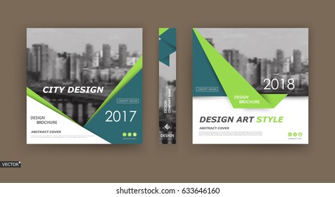 A4 Brochure Cover Design. Template For Info Banner, Business Card, Title Sheet Model Set, Flyer, Ad Text Font. Modern Vector Front Page Art With Urban City River Bridge. Green, Turquoise Triangle Icon