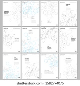 A4 brochure layout of covers design templates for flyer leaflet, A4 format brochure design, report, magazine cover, book design. Hexagonal molecule structure for medical, chemistry, science concepts.
