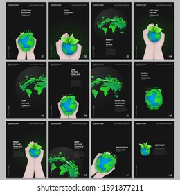 A4 brochure layout of covers design templates for flyer leaflet, A4 format brochure design, report, magazine cover, book design. Green world globe in the hands of man. Earth planet health care concept