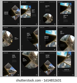 Diseño de folletos A4 de plantillas de diseño para volante, diseño de folletos A4, presentación, diseño de libros. Proyecto negro abstracto y dorado con máscara de recorte, formas geométricas para tu foto.