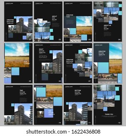 A4 brochure layout of covers design templates for flyer leaflet, A4 format brochure design, report, magazine, book design. Geometric blue color abstract background with photos, consisting of squares.