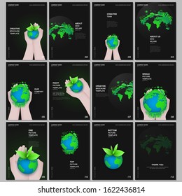 A4 brochure layout of covers design templates for flyer leaflet, A4 format brochure design, report, magazine cover, book design. Green world globe in the hands of man. Earth planet health care concept
