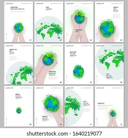 A4 brochure layout of covers design templates for flyer leaflet, A4 format brochure design, report, magazine cover, book design. Green world globe in the hands of man. Earth planet health care concept