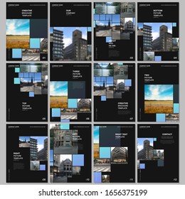 A4 brochure layout of covers design templates for flyer leaflet, A4 format brochure design, report, magazine, book design. Geometric blue color abstract background with photos, consisting of squares.