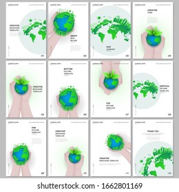 A4 brochure layout of covers design templates for flyer leaflet, A4 format brochure design, report, magazine cover, book design. Green world globe in the hands of man. Earth planet health care concept